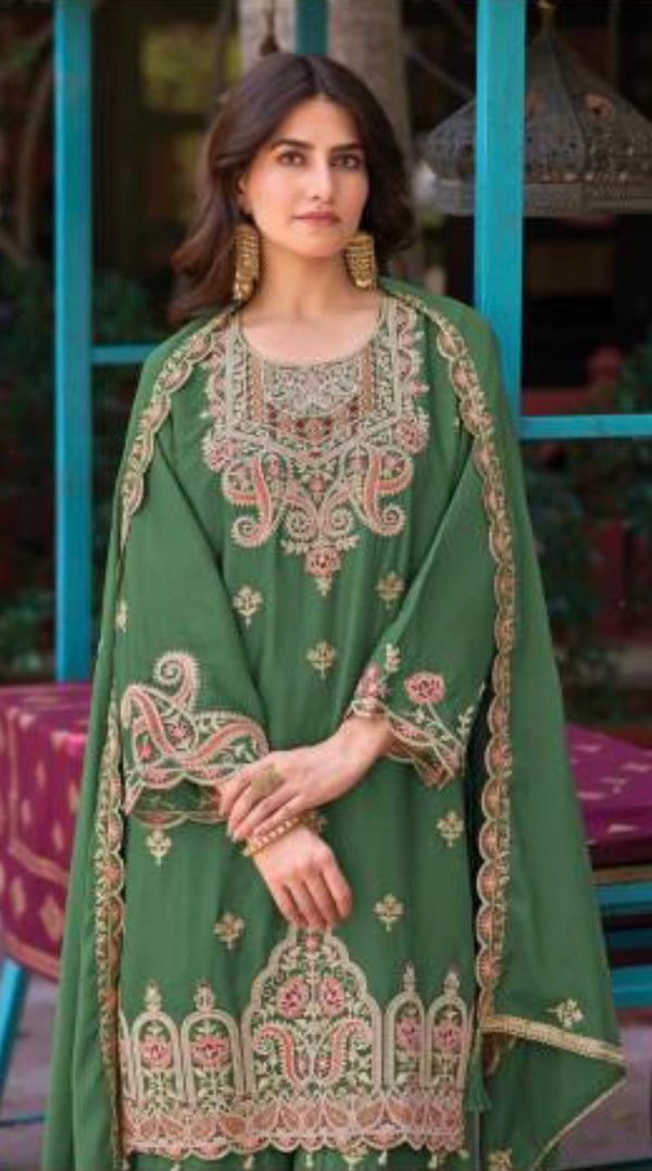 Party Wear Green Chinon Sharara Suit