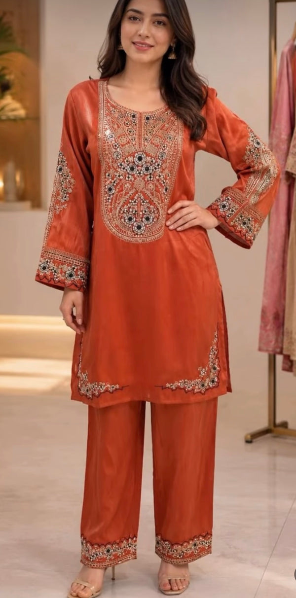 Elegant Glass Shimmer Co-ord Set in Rust Colour