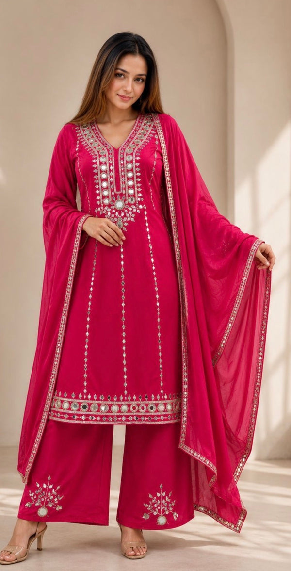 Elegant Rani Pink Glass Shimmer Suit with mirror work