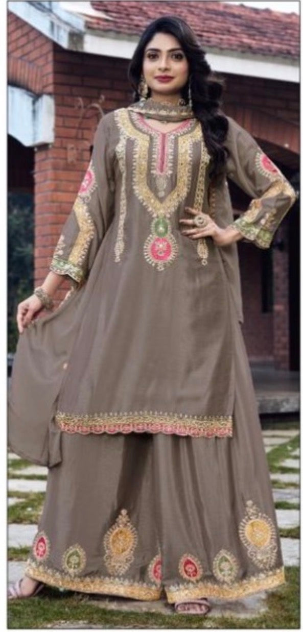 Party Wear Chinon Silk Sharara Suit