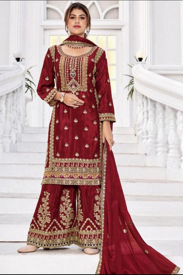 Heavy Party Wear Chinon Silk Suit with Embroidery Work