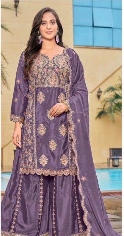 Party Wear Chinon Silk Sharara Suit