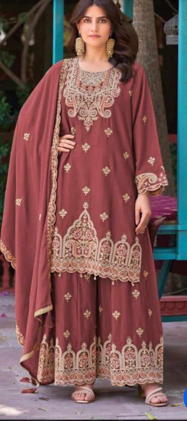 Party Wear Rust Colour Chinon Sharara Suit