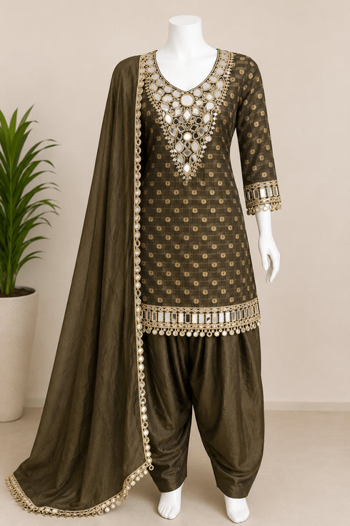 Stunning Farshi Suit with mirror work in Mehendi Green Colour