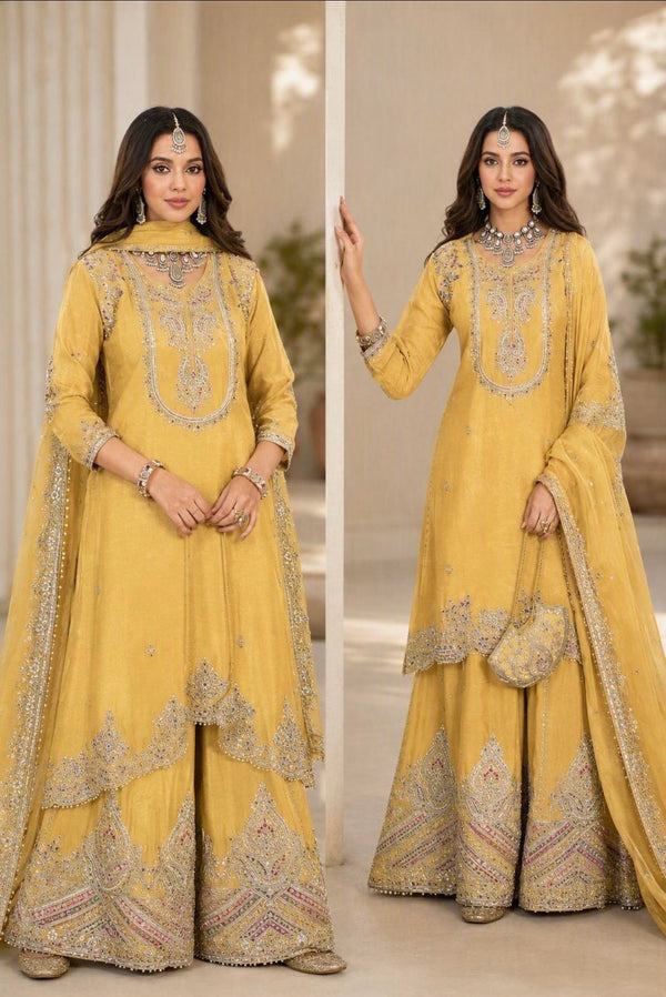 Heavy Party Wear Chinon Silk Suit with Embroidery Work