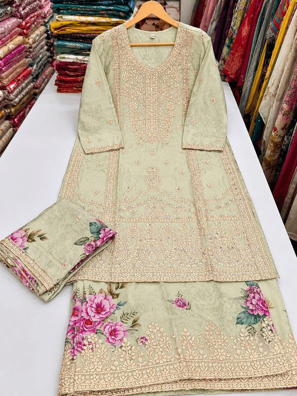 Mint Green Pure Chinon Palazzo Suit